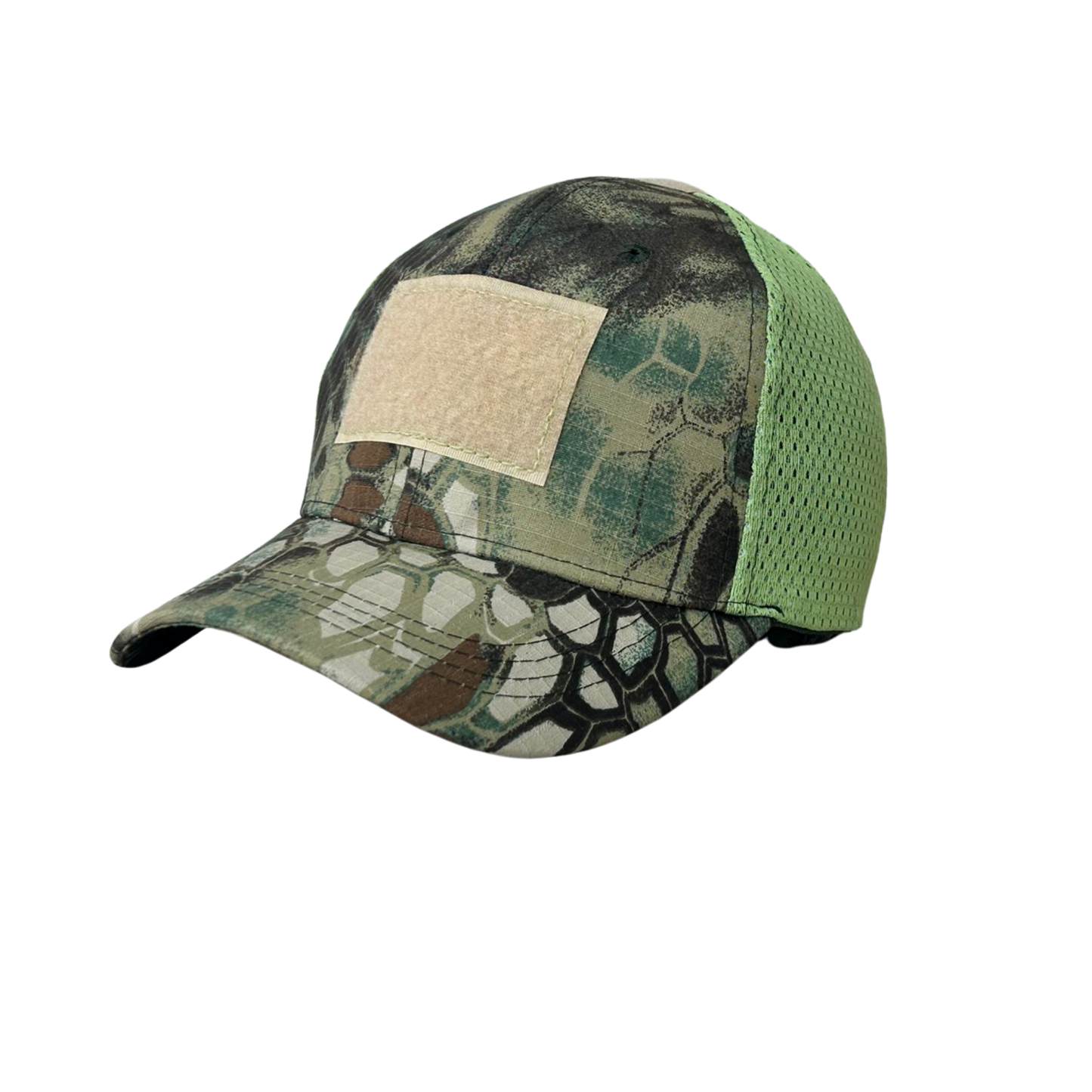 Gorra táctica camuflada verde manzana con malla transpirable y panel frontal de velcro