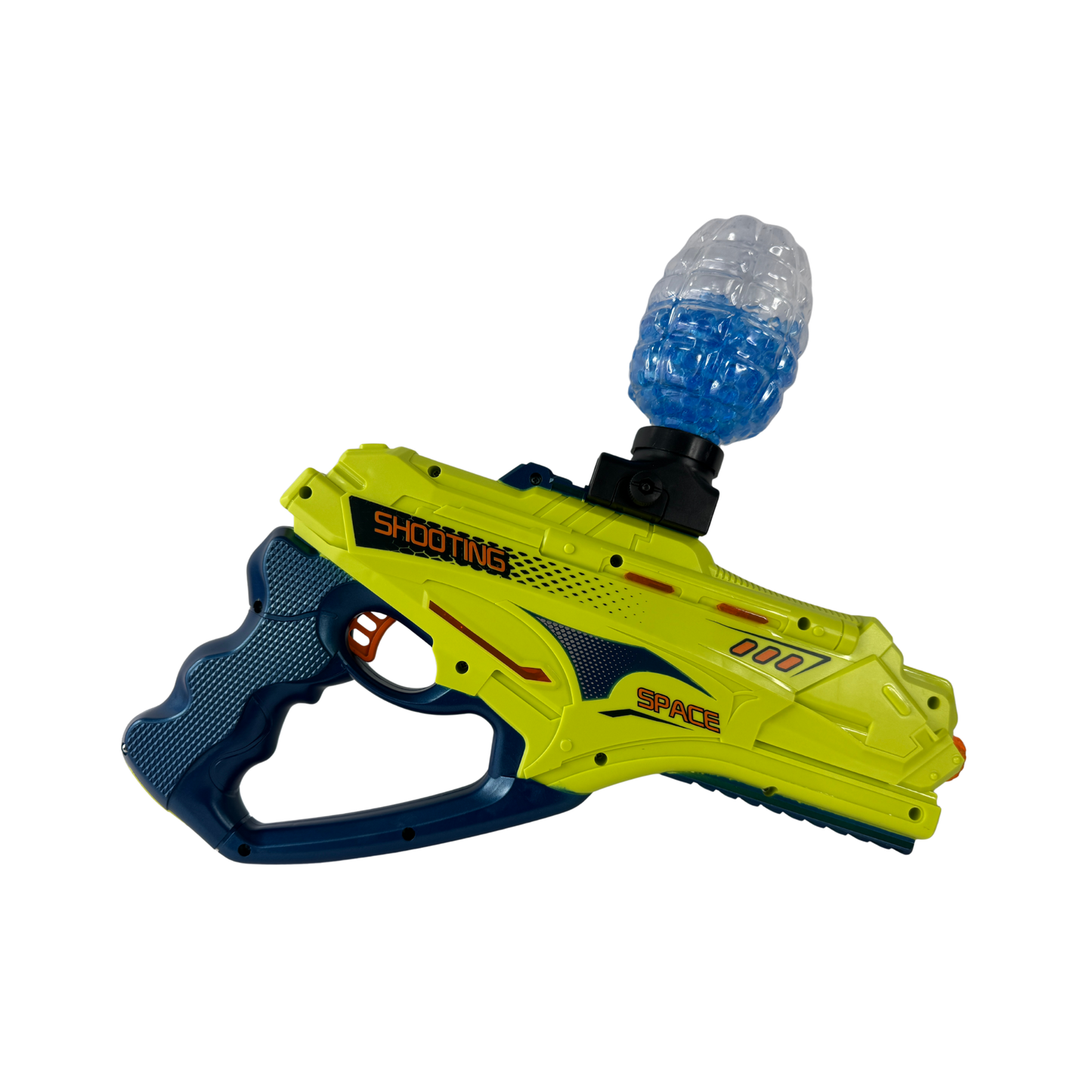 Pistola de juguete electric verde futurista con depósito superior para aventuras espaciales