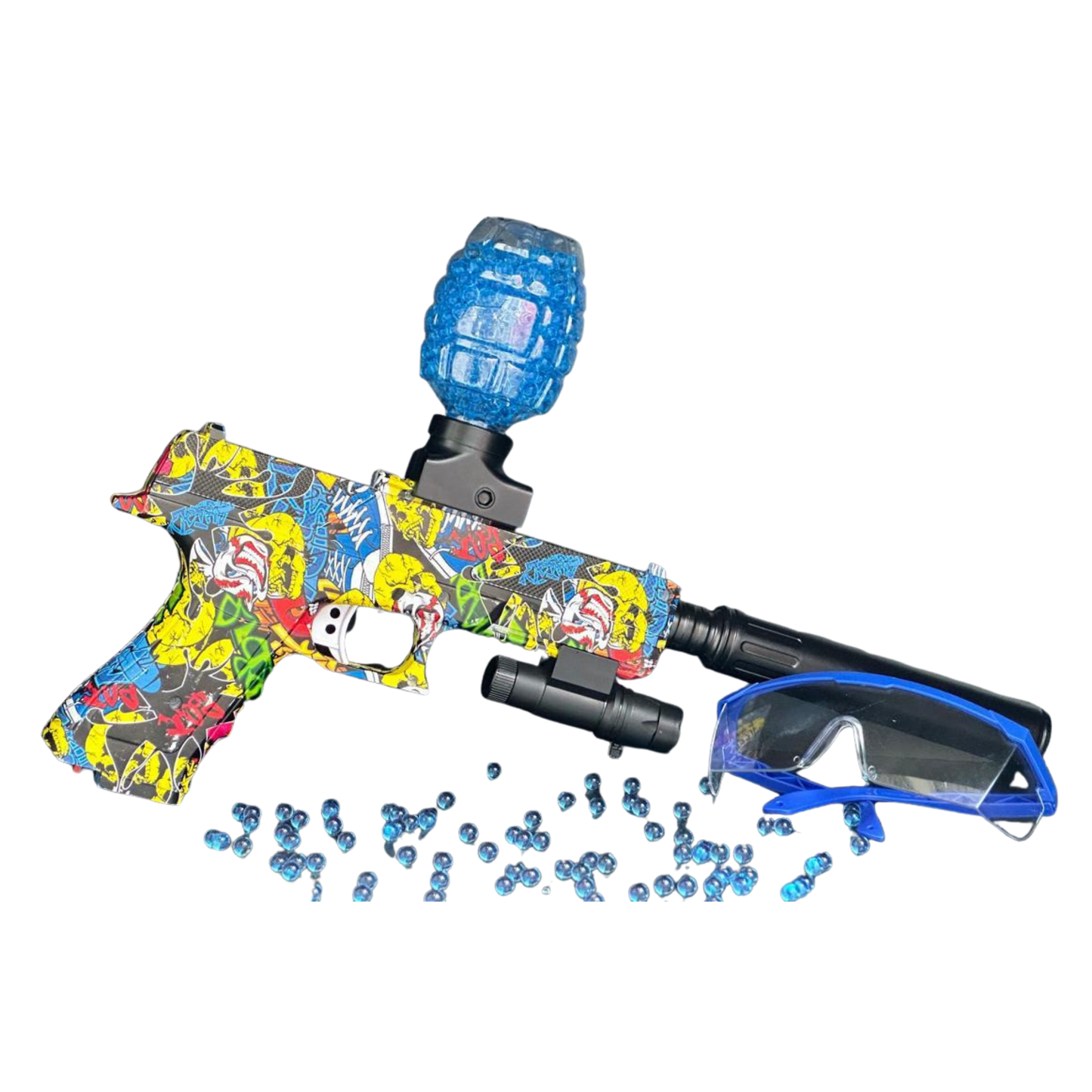 Pistola lanzadora de gel L-01 con diseño gráfico multicolor y visor de protección
