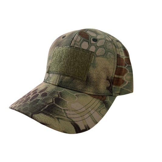 Gorra táctica camuflada verde hoja seca con panel frontal para parche – estilo militar