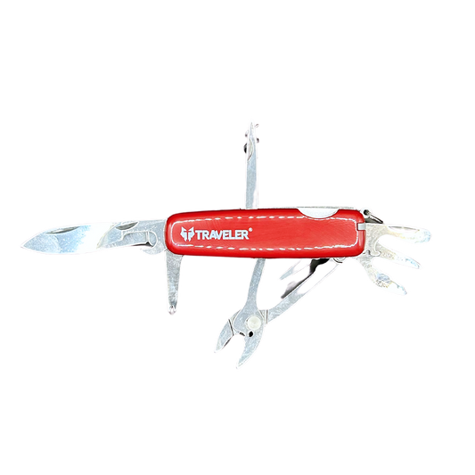 Navaja multiusos A.0111 Traveler con mango rojo y acabados en acero inoxidable 14 servicios