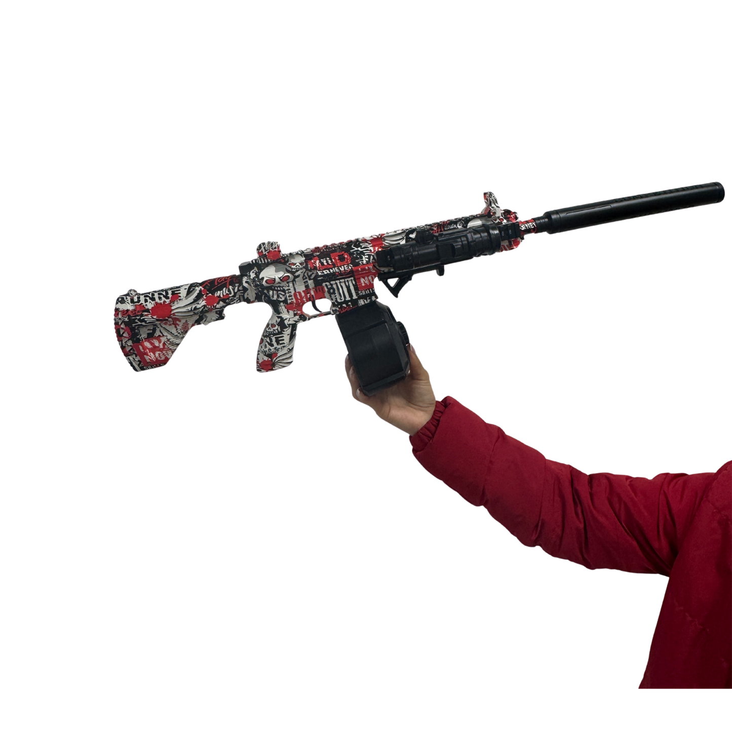 Rifle lanza hidrogel roja M4 decorativo con diseño urbano en vinilo rojo y negro