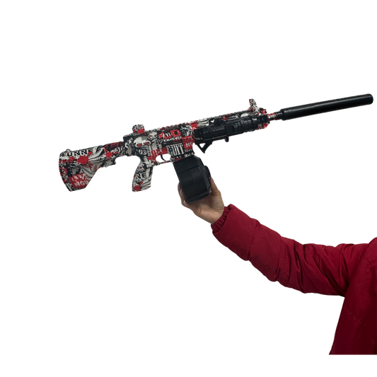 Rifle lanza hidrogel roja M4 decorativo con diseño urbano en vinilo rojo y negro