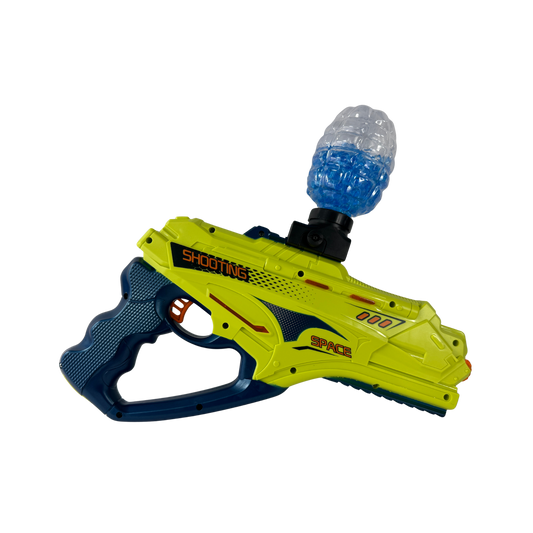 Pistola de juguete electric verde futurista con depósito superior para aventuras espaciales
