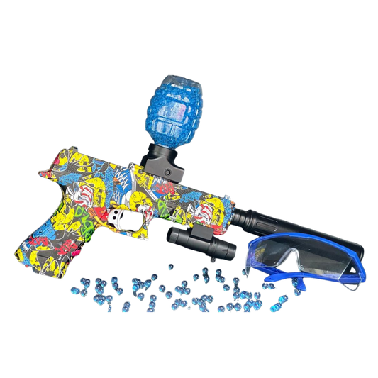Pistola lanzadora de gel L-01 con diseño gráfico multicolor y visor de protección