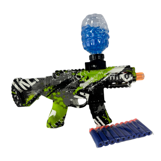 Pistola lanzadora m-416 verde de dardos y balas de gel multicolor con cargador superior