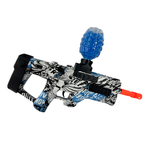 Pistola lanzadora de gel p90 azul con diseño urbano y depósito tipo granada