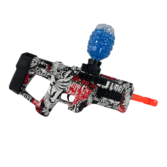 Pistola lanzadora de balas de gel p90 roja con diseño gráfico urbano multicolor