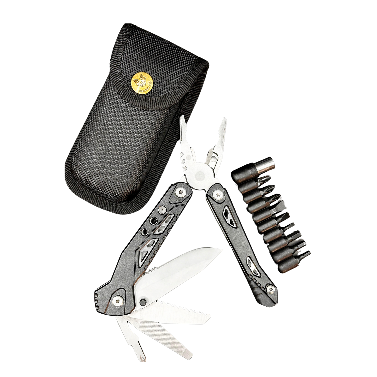 Multiherramienta plegable con puntas intercambiables y estuche resistente con 23 servicios