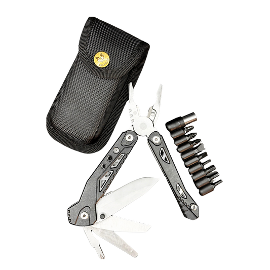 Multiherramienta plegable con puntas intercambiables y estuche resistente con 23 servicios