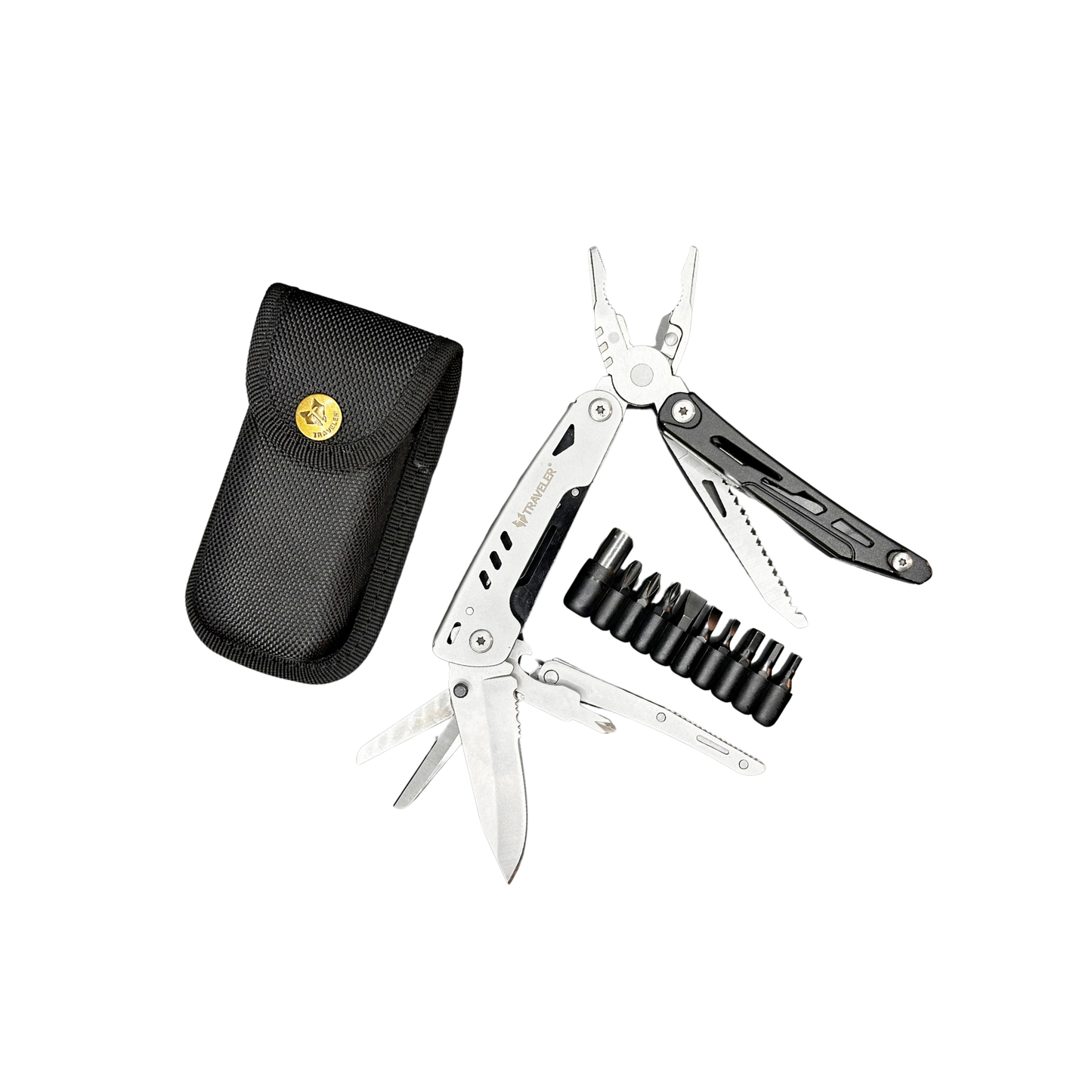 Multiherramienta de acero inoxidable con set de puntas y 22 servicios