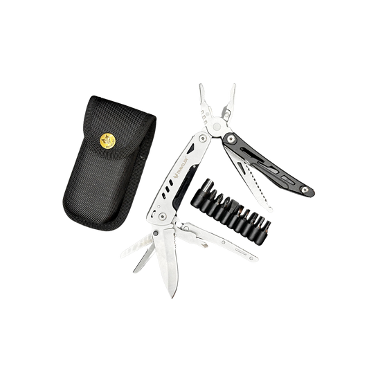 Multiherramienta de acero inoxidable con set de puntas y 22 servicios